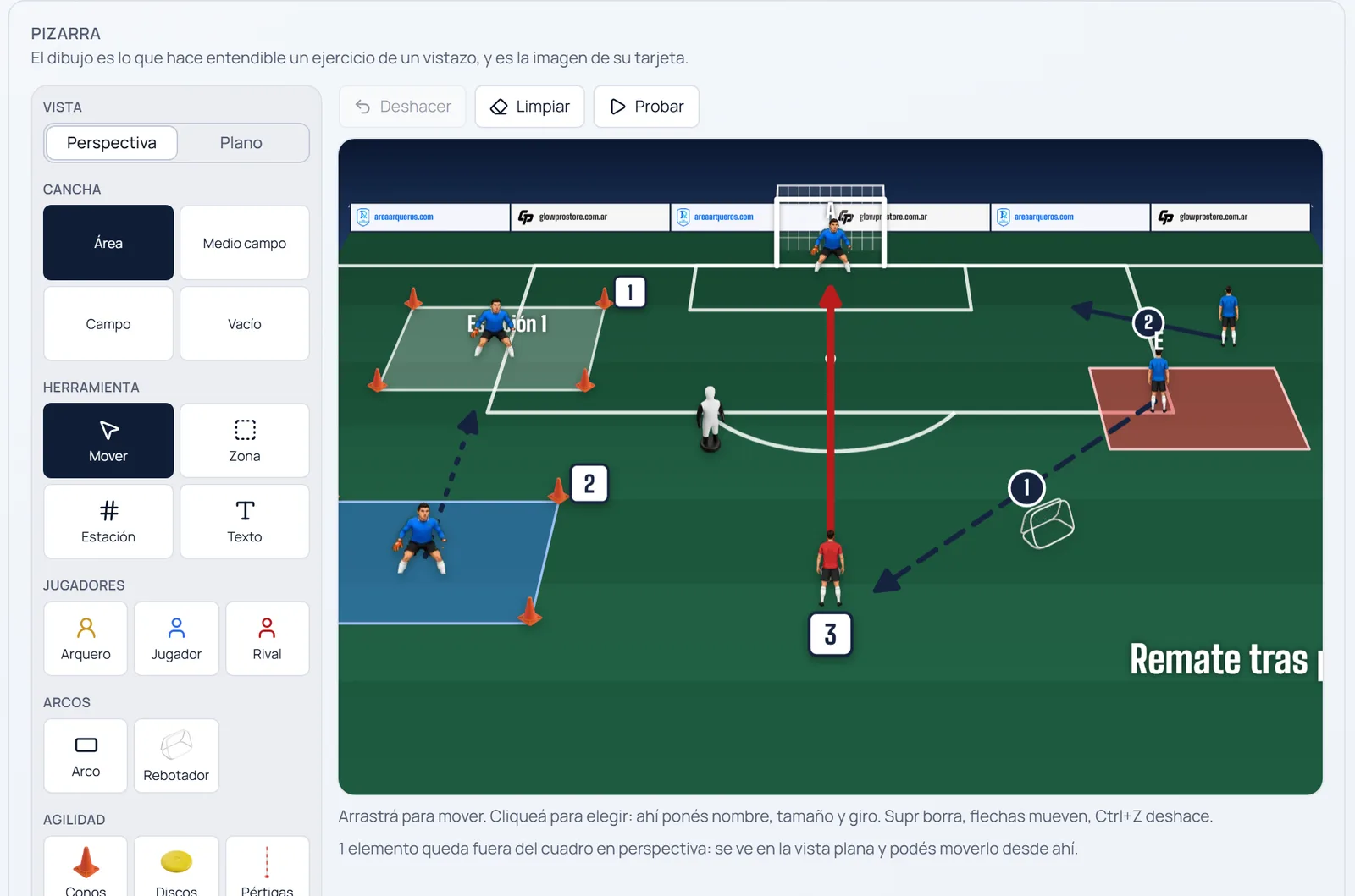 El editor de la pizarra de 1AR Pro, con la paleta de elementos a la izquierda y la cancha en perspectiva