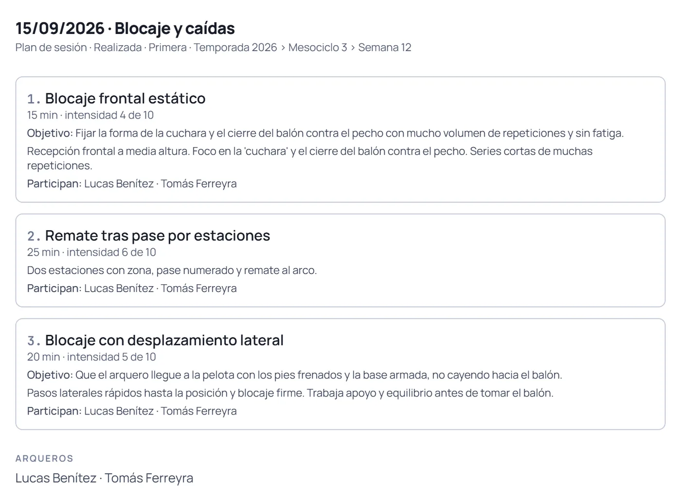 La hoja de una sesión, lista para imprimir o mandar: fecha y título, plan, mesociclo y semana, y cada bloque con su objetivo, sus minutos, su intensidad y quiénes participan