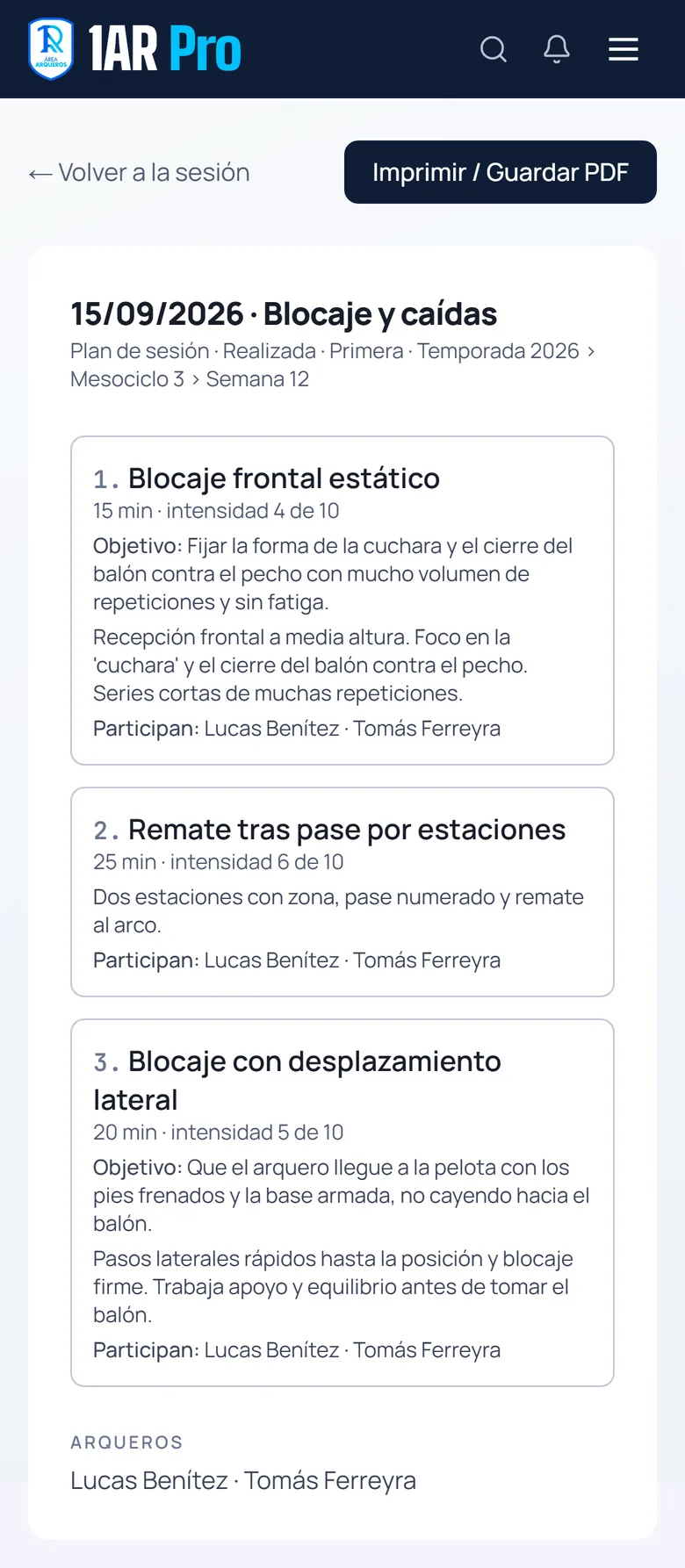 La hoja de una sesión en el teléfono, como la recibe el cuerpo técnico: los bloques con su objetivo, minutos e intensidad, y quiénes participan
