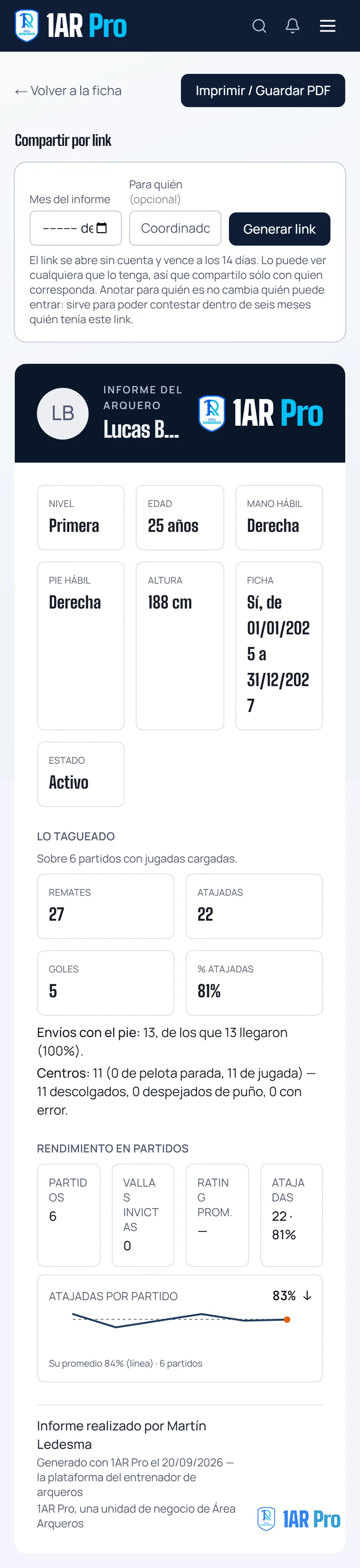 El informe de un arquero en el teléfono: ficha, lo tagueado, rendimiento en partidos y el pie con el lockup de 1AR Pro