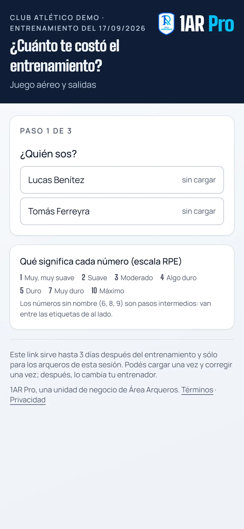 El link de esfuerzo percibido en el teléfono del arquero: elige su nombre y carga del 1 al 10